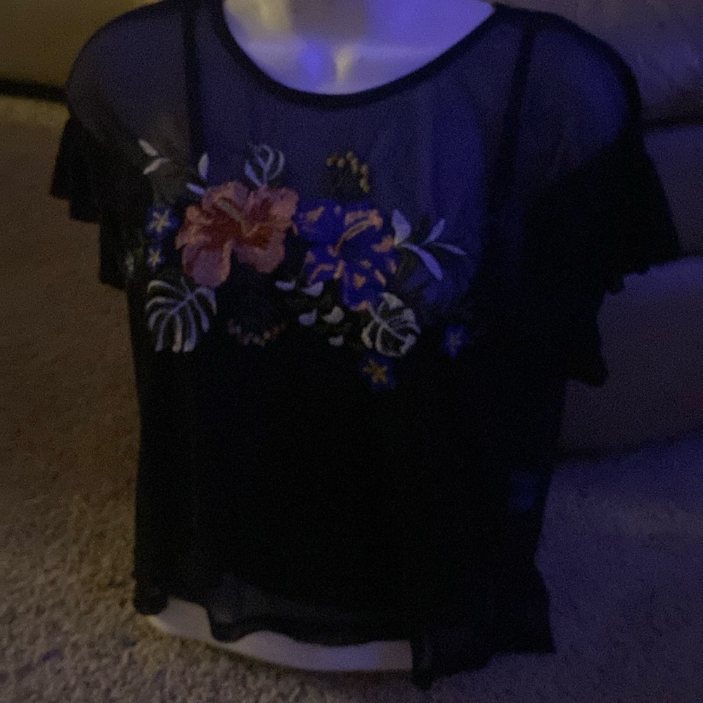 Xhiliration BLACK SHEER FLORAL TOP SMALL S FLOWERS SHEER Y2K